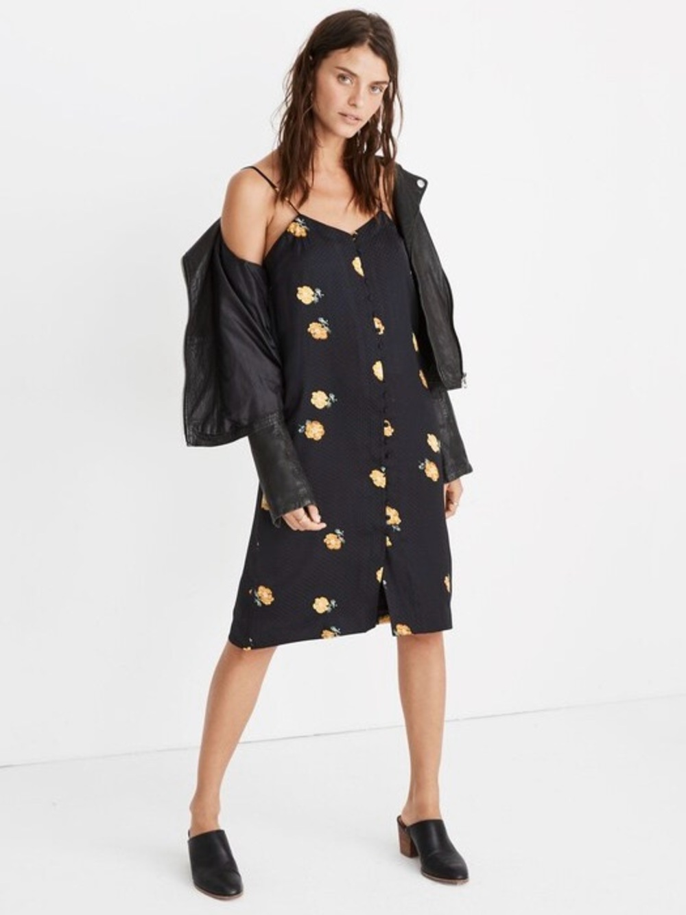 Madewell Button-Front Slip Dress Knee Length Floating Florets Floral Black Sz 4